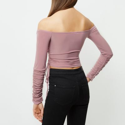 Nude ruched wrap bardot crop top